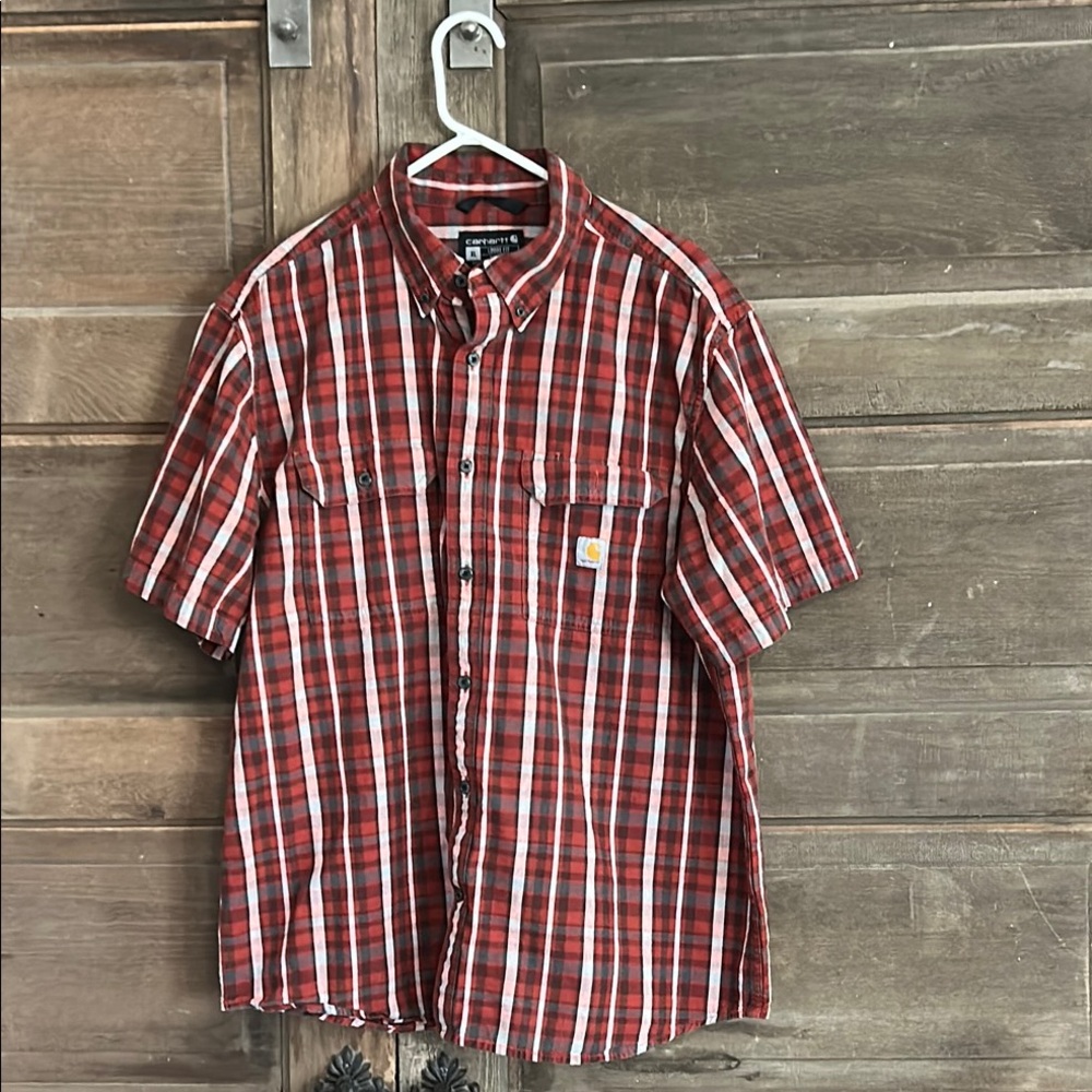 Carhartt Men's Red Plaid Shirt Size XL Loose Fit Button Down Short Sleeve